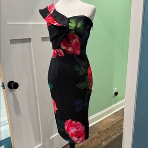 ASOS One Shoulder Black Dress with Pink Floral Design. Size 8.
